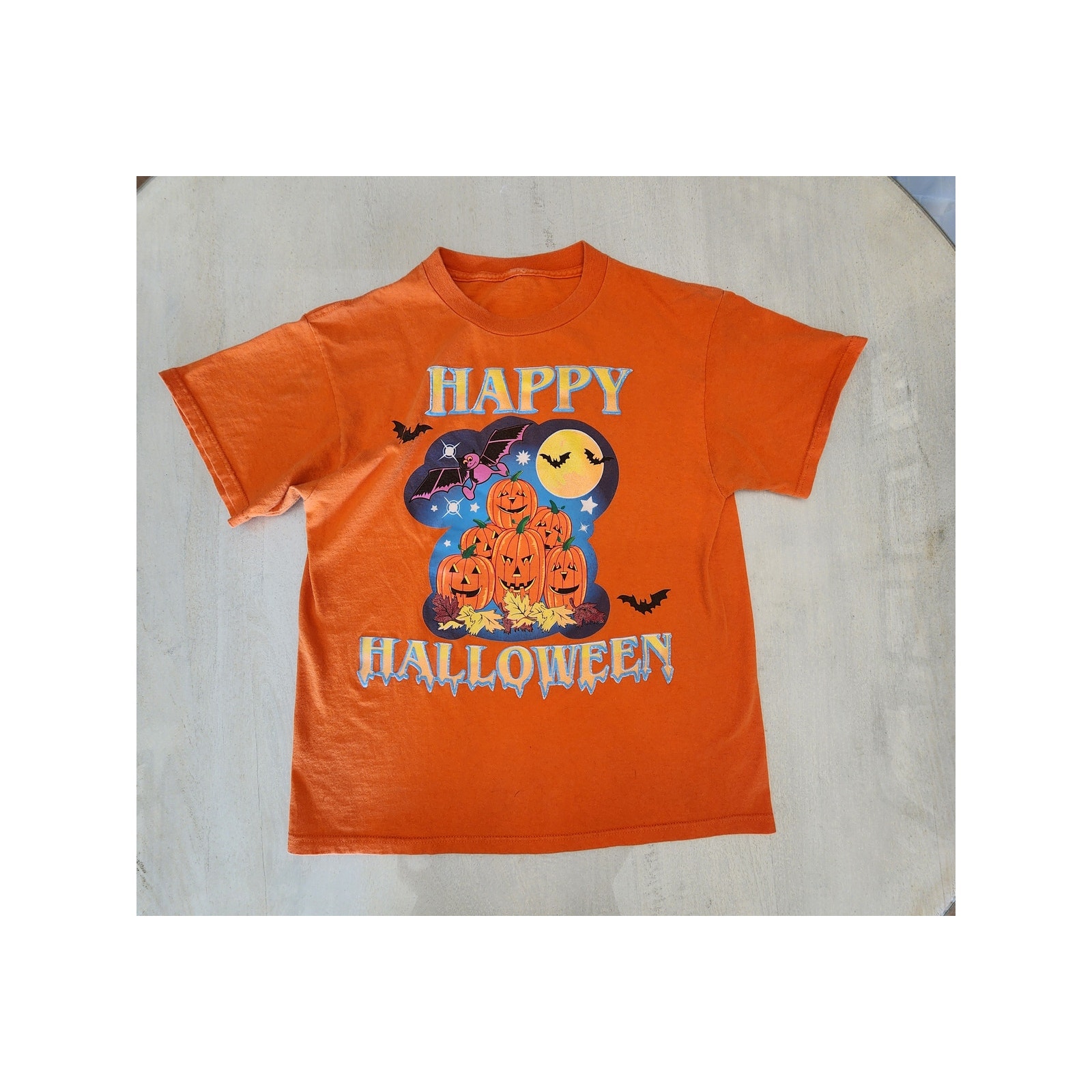 Vtg Halloween T-Shirt Orange Bats Jack O Lantern Spooky Fall